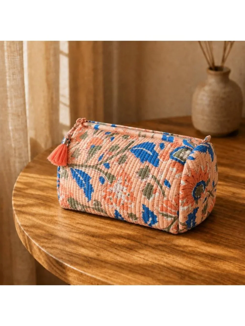 Floral Travel Cosmetic Case - Apricot Blue, Zippered, Cotton, 9x4x7 Inches
